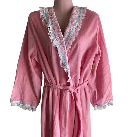 Vintage JJM New York Robe Womens Size 40 Pink Lace Trim Maxi Belted Made USA 70s - Picture 3 of 8